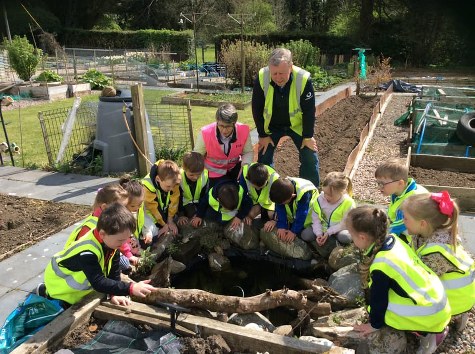 A group of children around a pond in a community garden